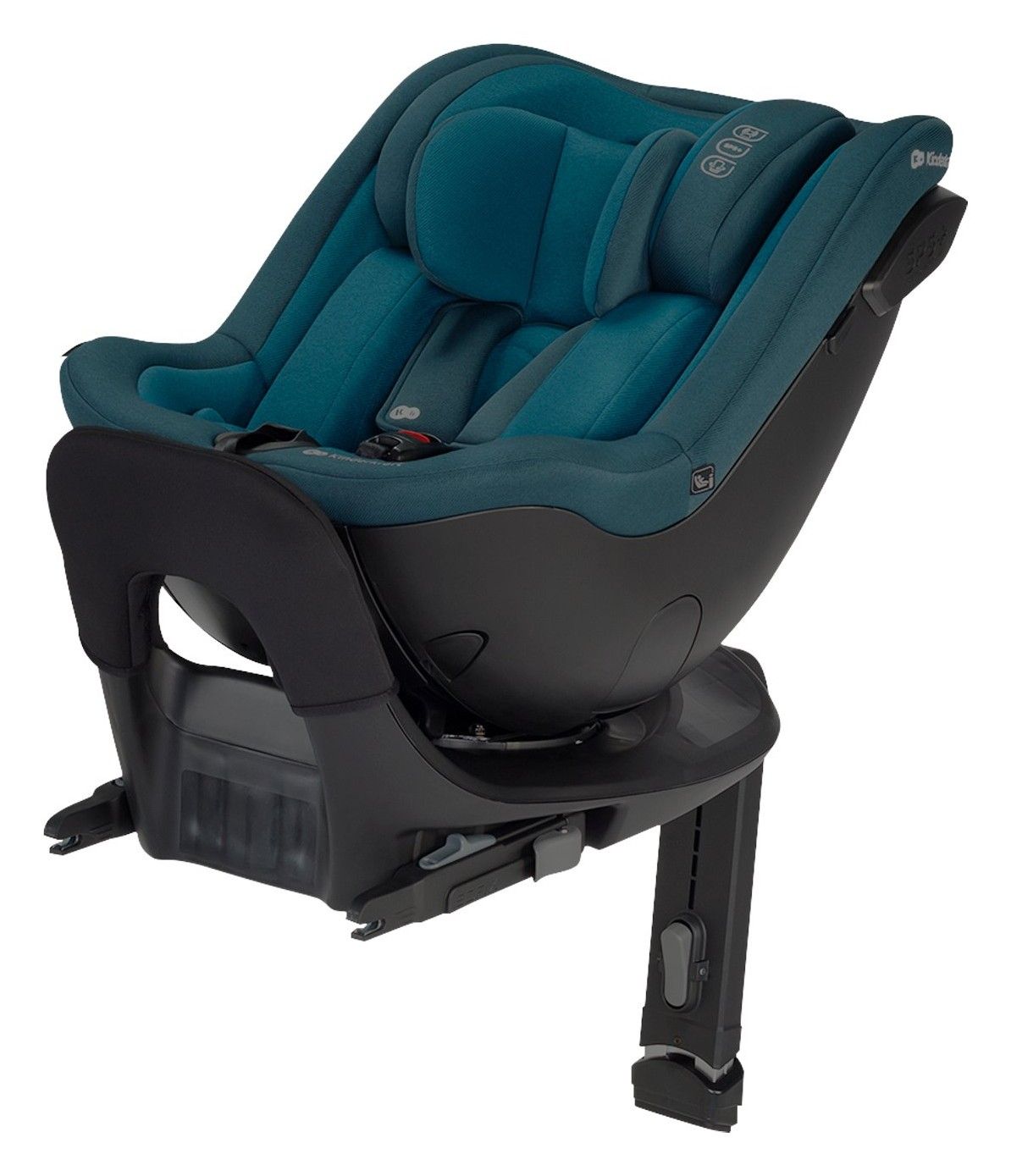 Siège auto pivotant Kinderkraft i-Guard vu de trois quarts, en tissu bleu-vert, avec sa jambe de force, sur fond blanc.
