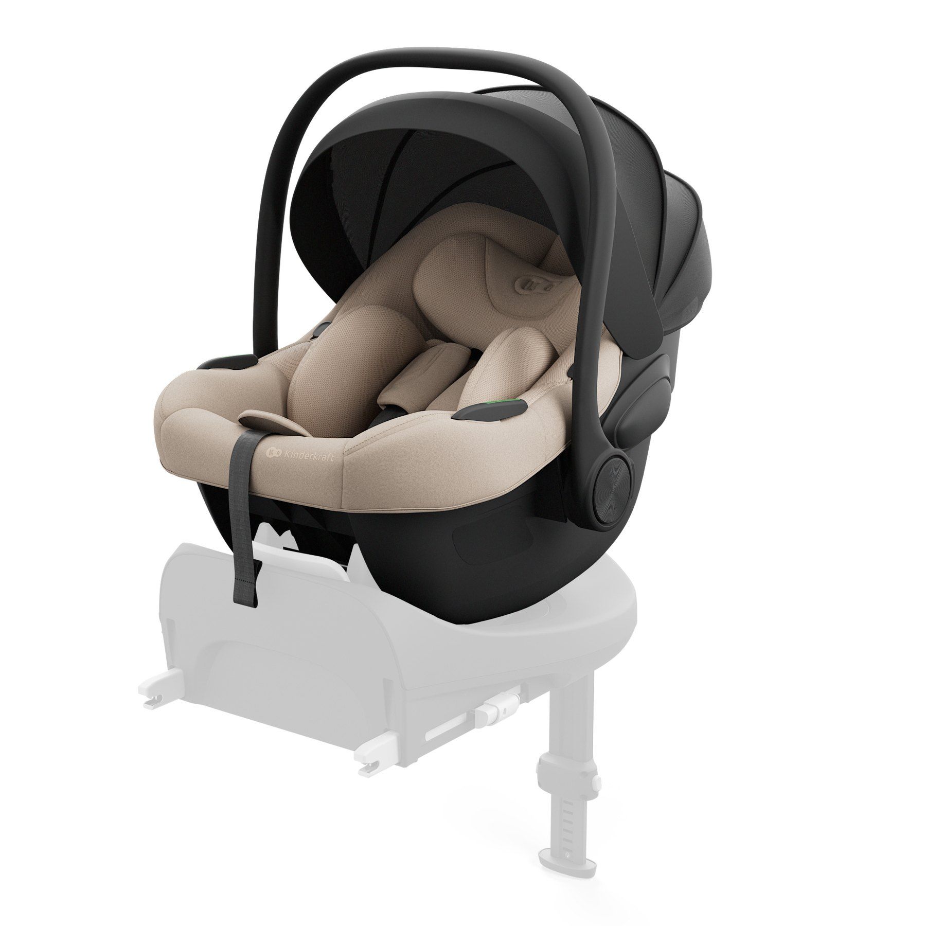 Coque Kinderkraft I-Lite posée sur sa base ISOFIX avec jambe de force, vue de trois quarts.