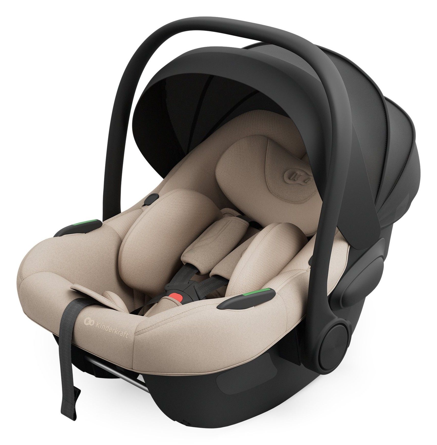 Coque bébé Kinderkraft I-Lite vue de trois quarts, beige et noire, capote relevée, sur fond blanc.