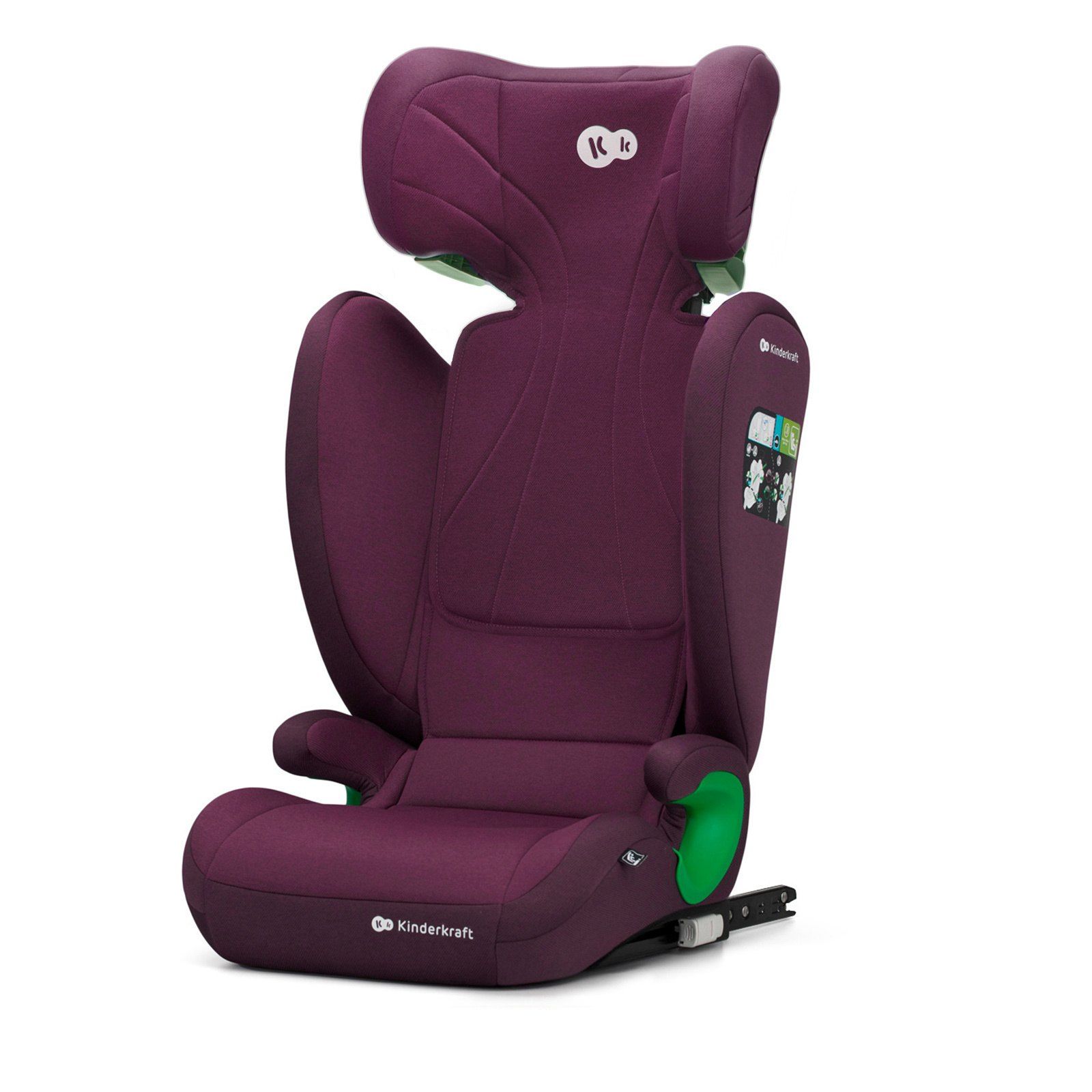 Rehausseur Kinderkraft Junior Fix 2 i-Size vu de trois quarts, appui-tête relevé en position haute.