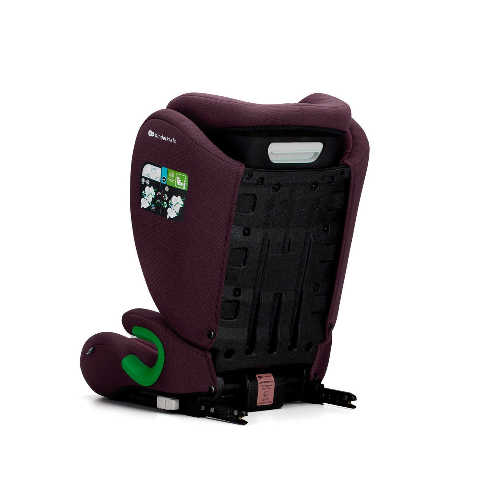 Dos du rehausseur Kinderkraft Junior Fix 2 i-Size vu de trois quarts arrière, avec ses connecteurs ISOFIX.