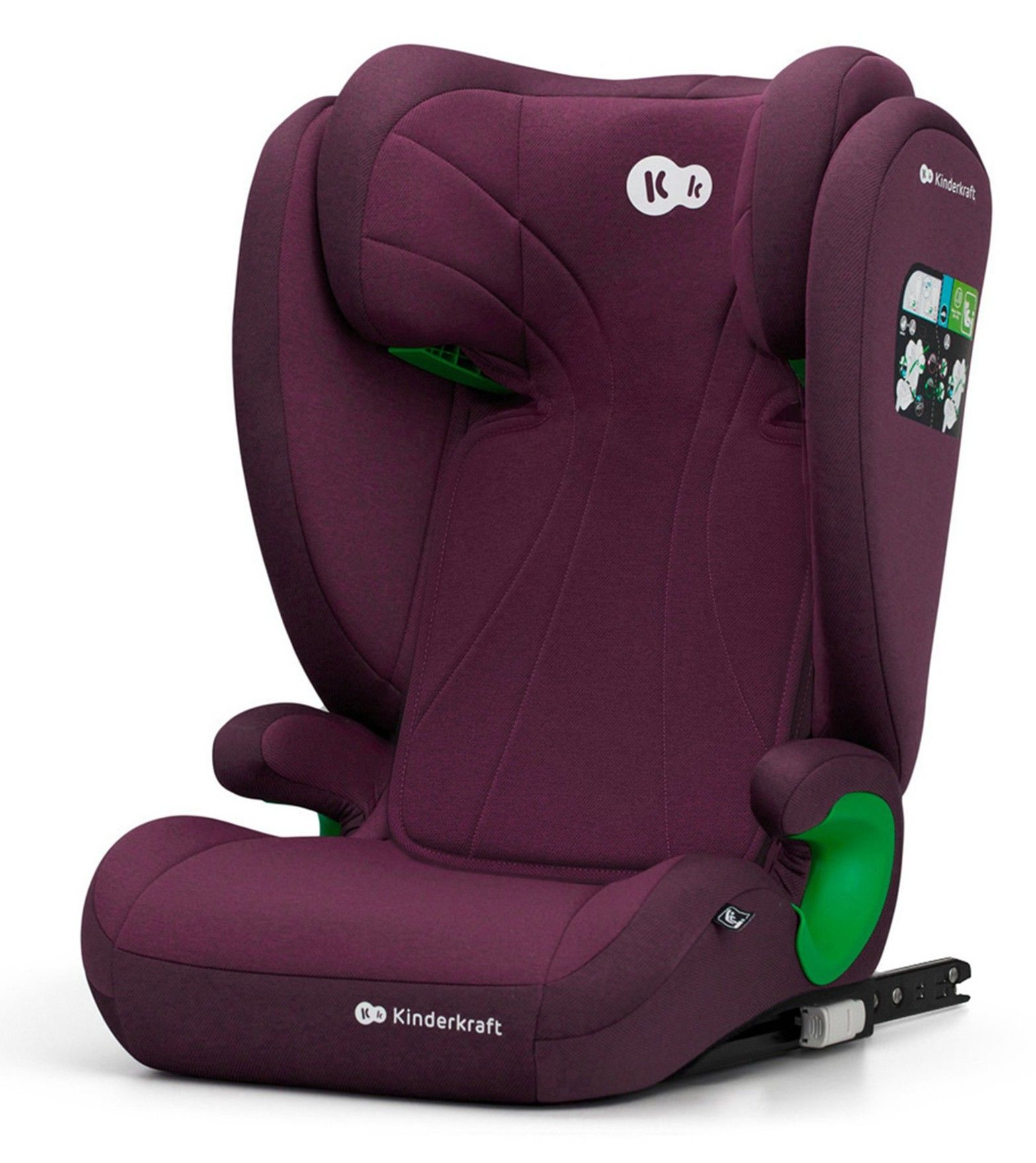 Rehausseur avec dossier Kinderkraft Junior Fix 2 i-Size vu de trois quarts, violet, avec ses connecteurs ISOFIX, sur fond blanc.