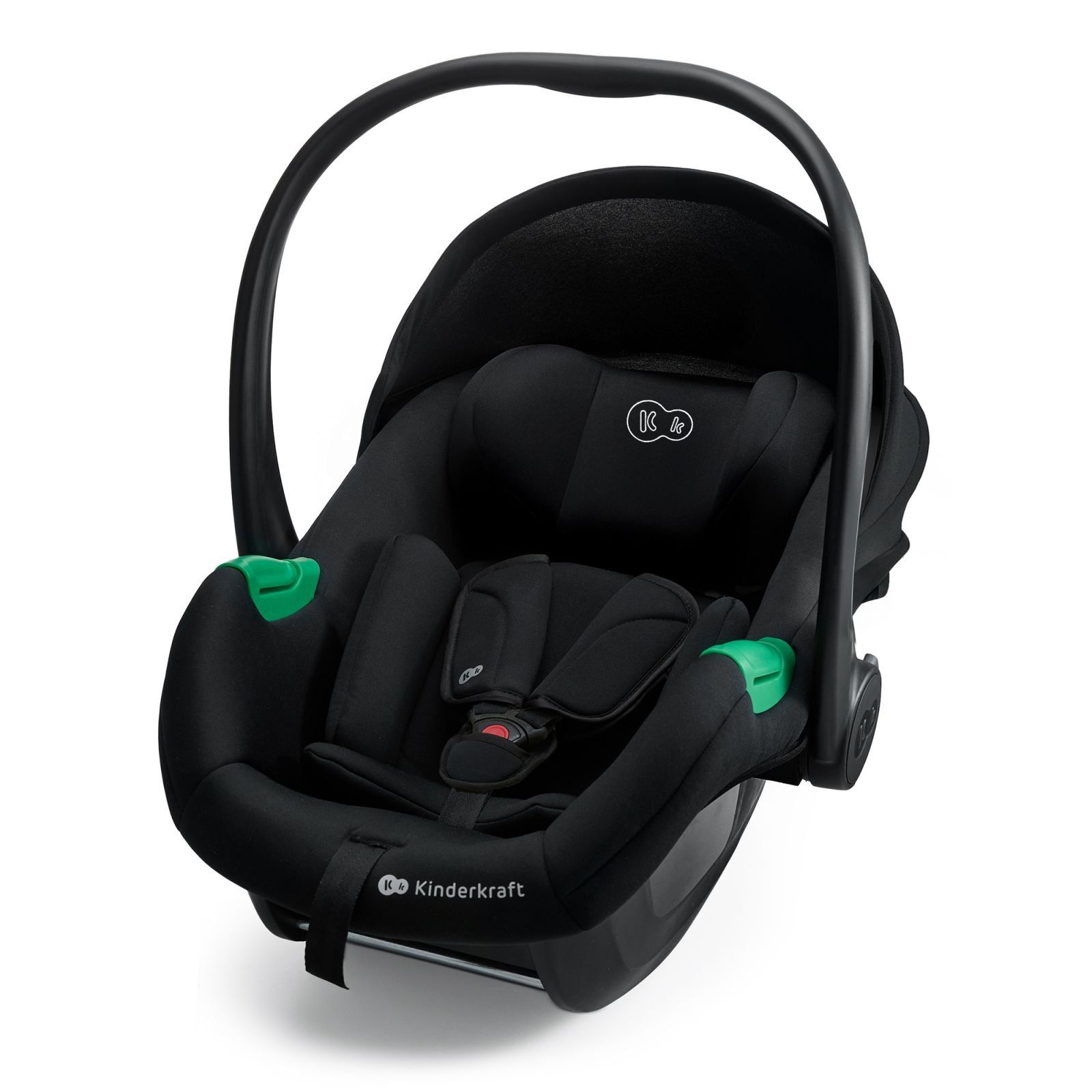 Coque bébé Kinderkraft Mink Pro 2 noire vue de trois quarts, avec son harnais et son réducteur.