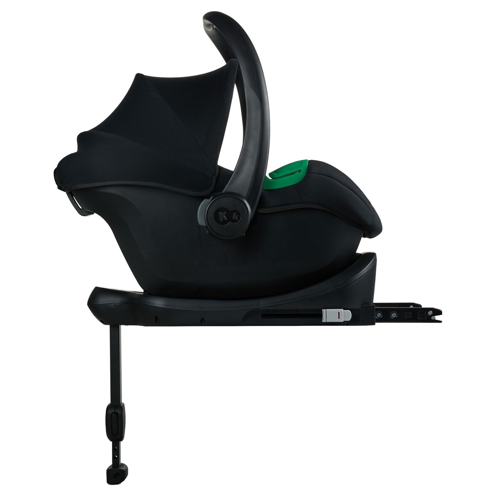 Coque Kinderkraft Mink Pro 2 posée sur sa base ISOFIX avec jambe de force, vue de profil.