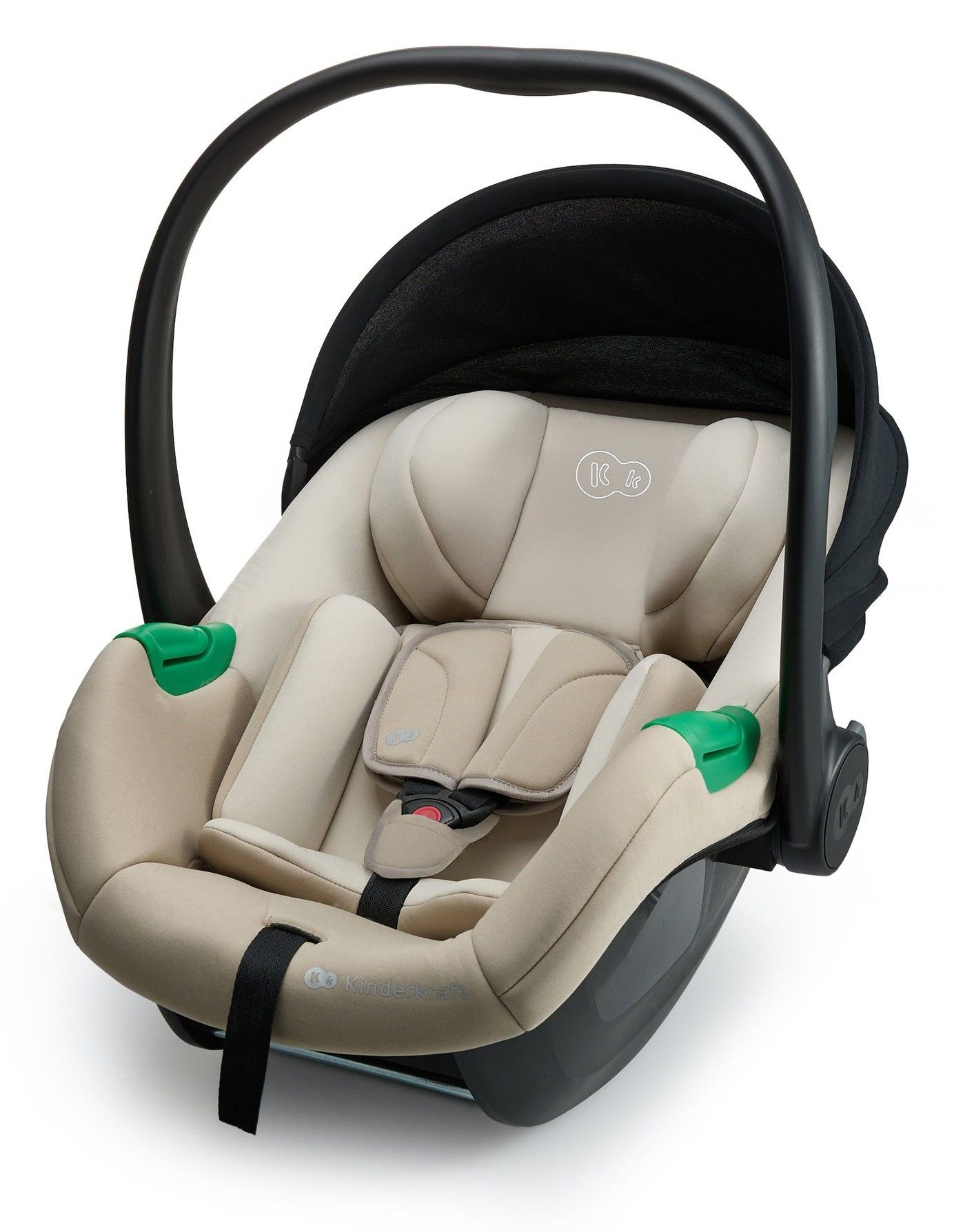 Coque bébé Kinderkraft Mink Pro 2 vue de trois quarts, beige avec capote noire, sur fond blanc.