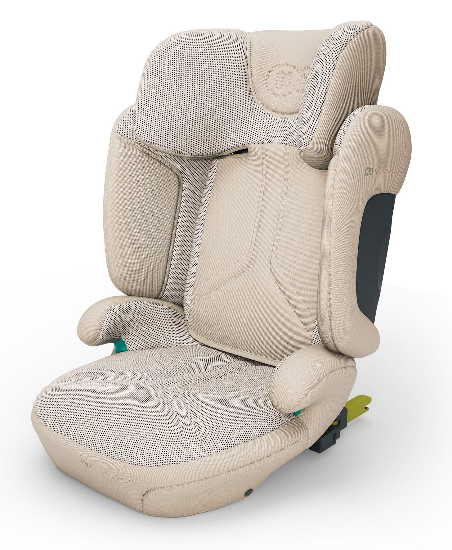 Rehausseur avec dossier Kinderkraft Xpand 2 i-Size vu de trois quarts, beige, avec ses connecteurs ISOFIX, sur fond blanc.
