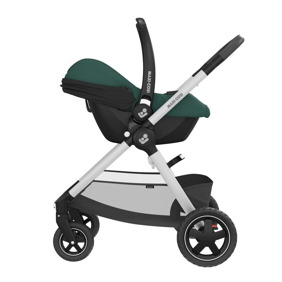 Coque Maxi-Cosi CabrioFix i-Size fixée sur un châssis de poussette, vue de profil