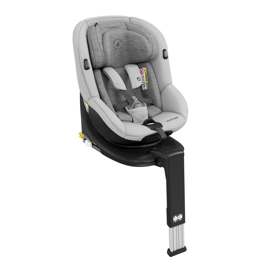 Siège auto pivotant Maxi-Cosi Mica vu de trois quarts avec son pied de support