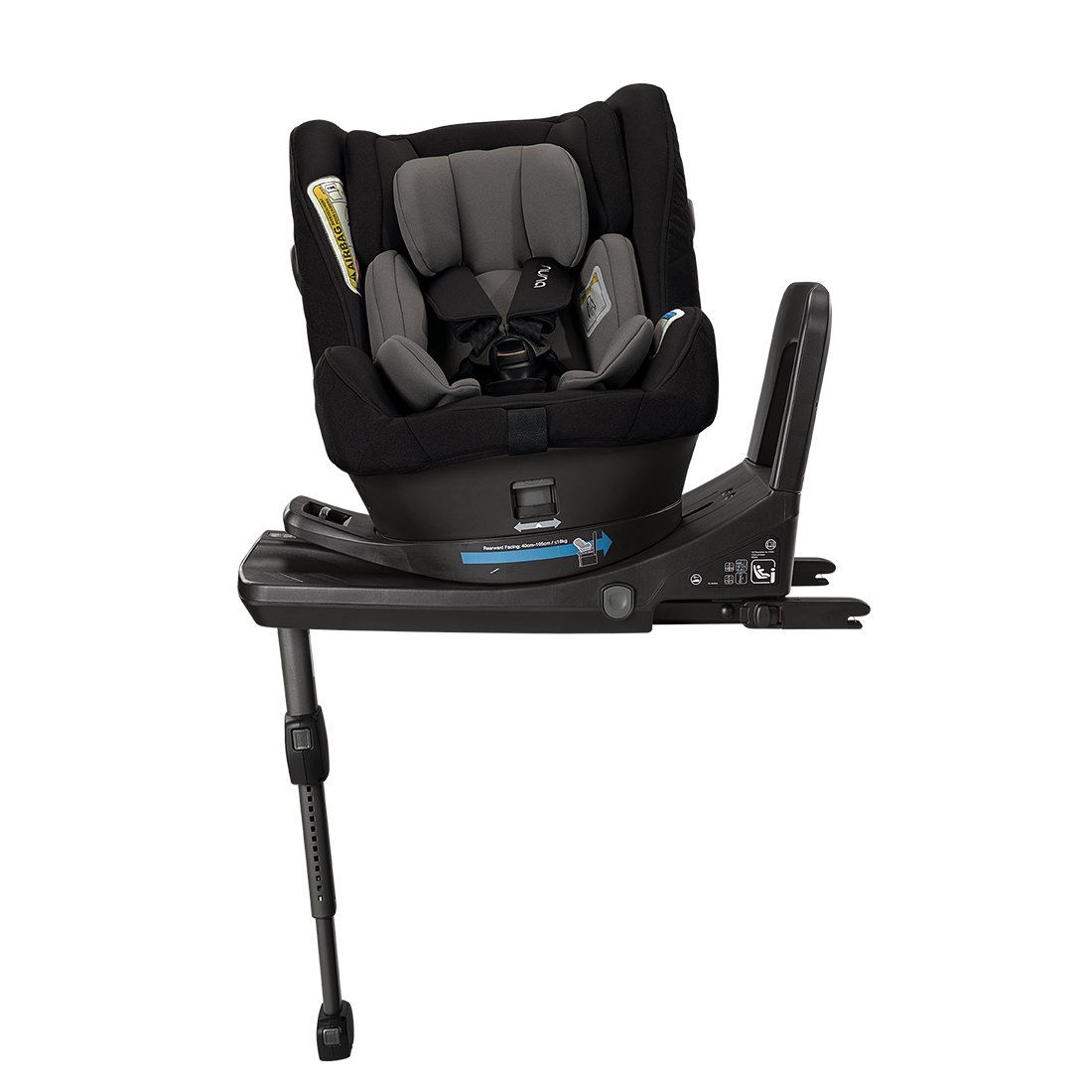 Le siège Norr vu de face sur sa base ISOFIX, avec le réducteur gris pour les tout-petits.
