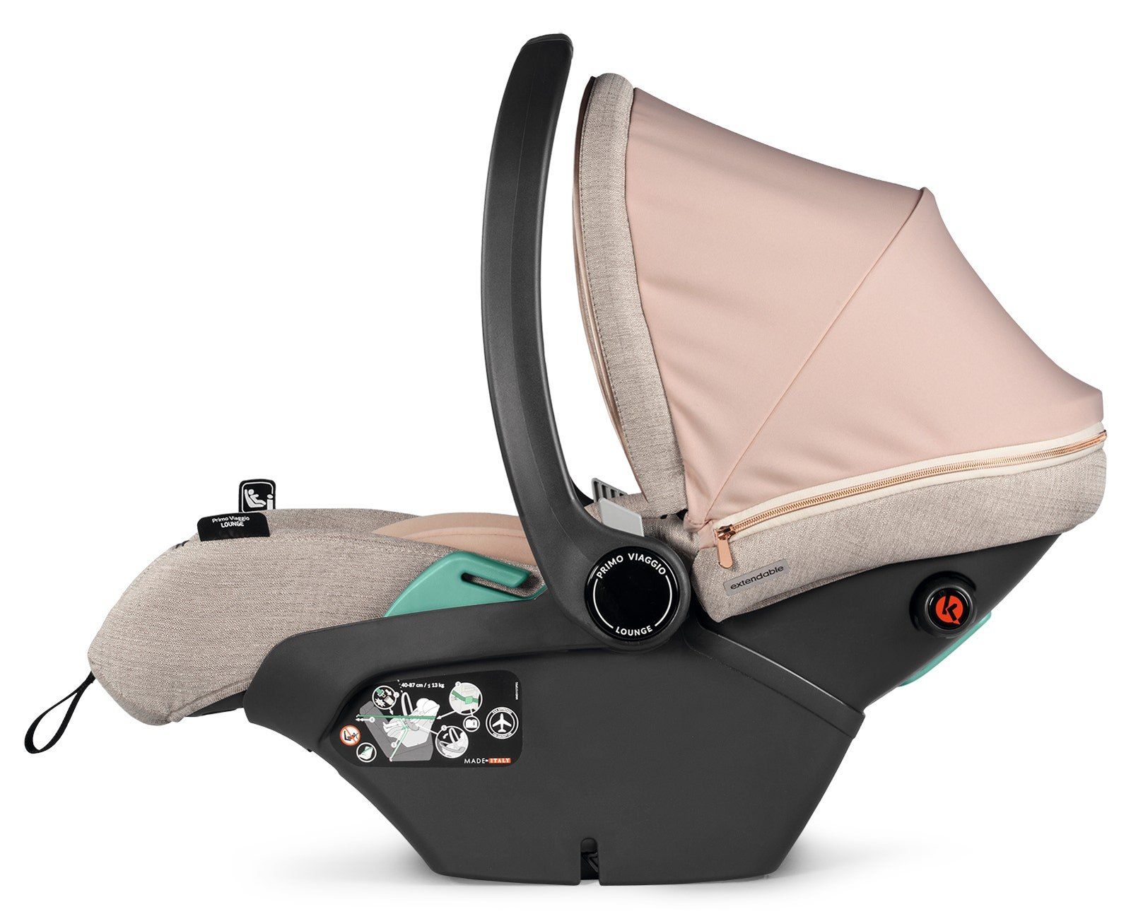 La coque Peg Perego Primo Viaggio Lounge vue de profil, capote relevée, beige et rose.