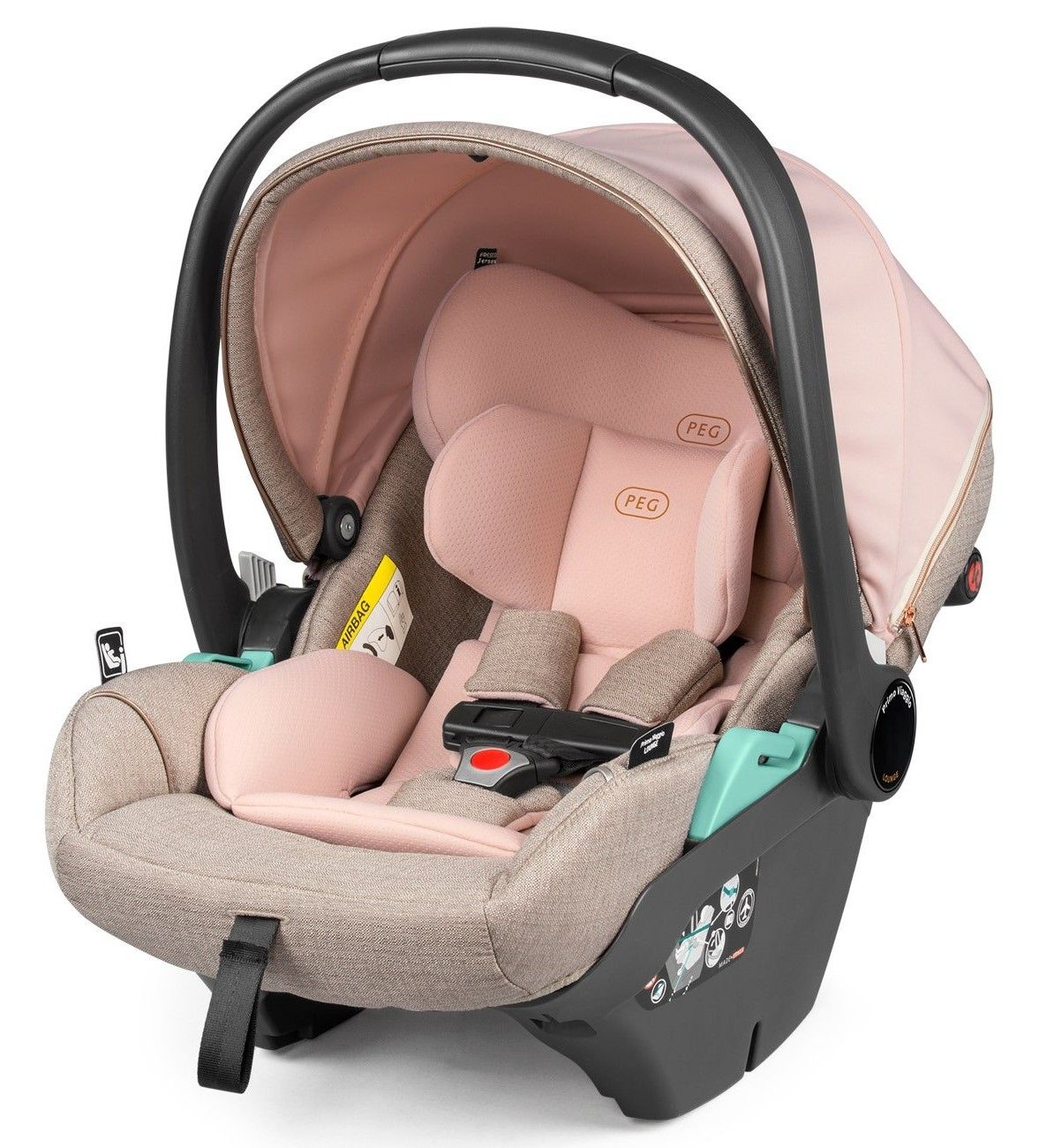Coque Peg Perego Primo Viaggio Lounge beige et rose vue de trois quarts, poignée relevée.