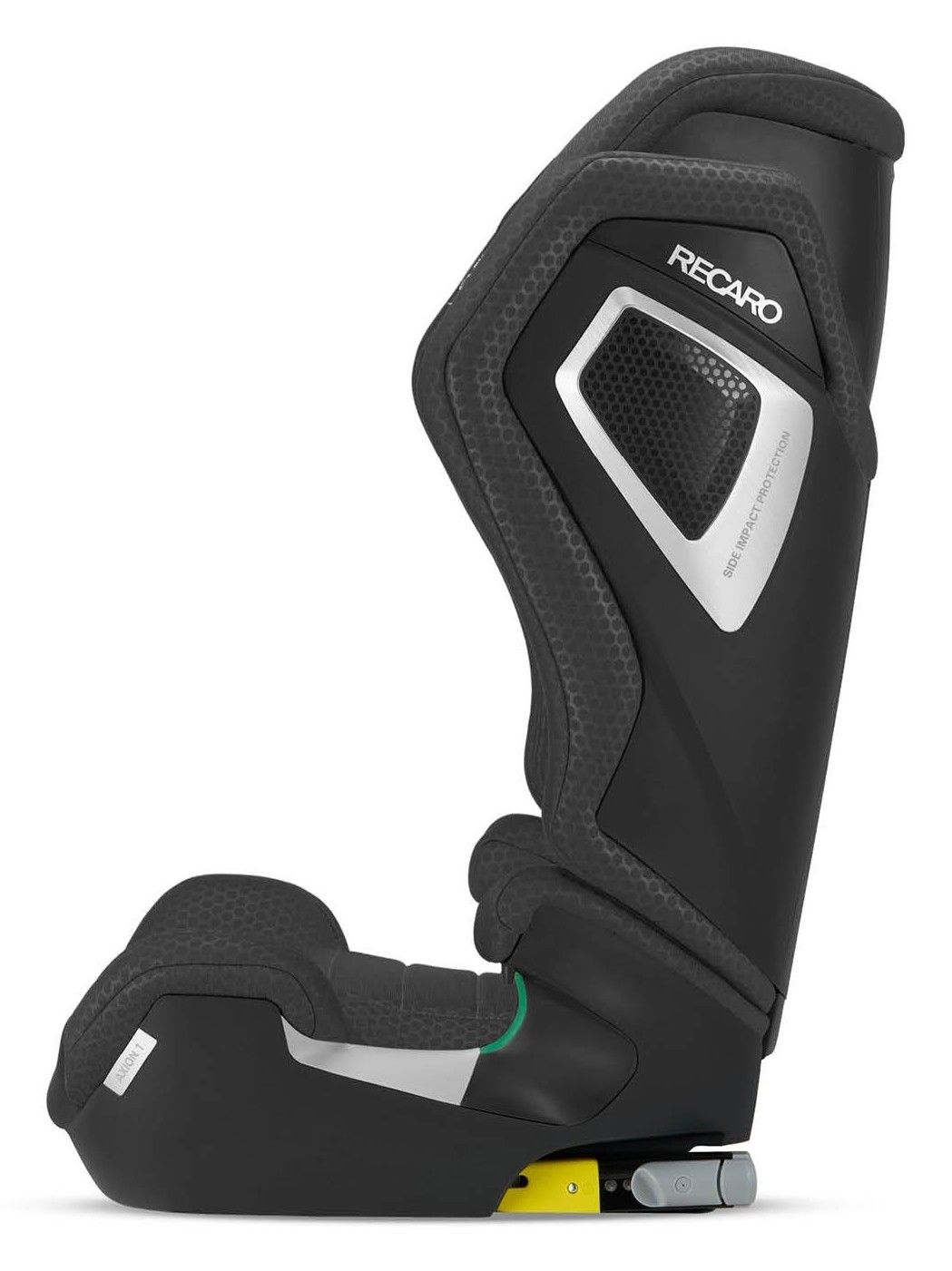 Le Recaro Axion 1 vu de profil, avec ses connecteurs jaunes sous l'assise
