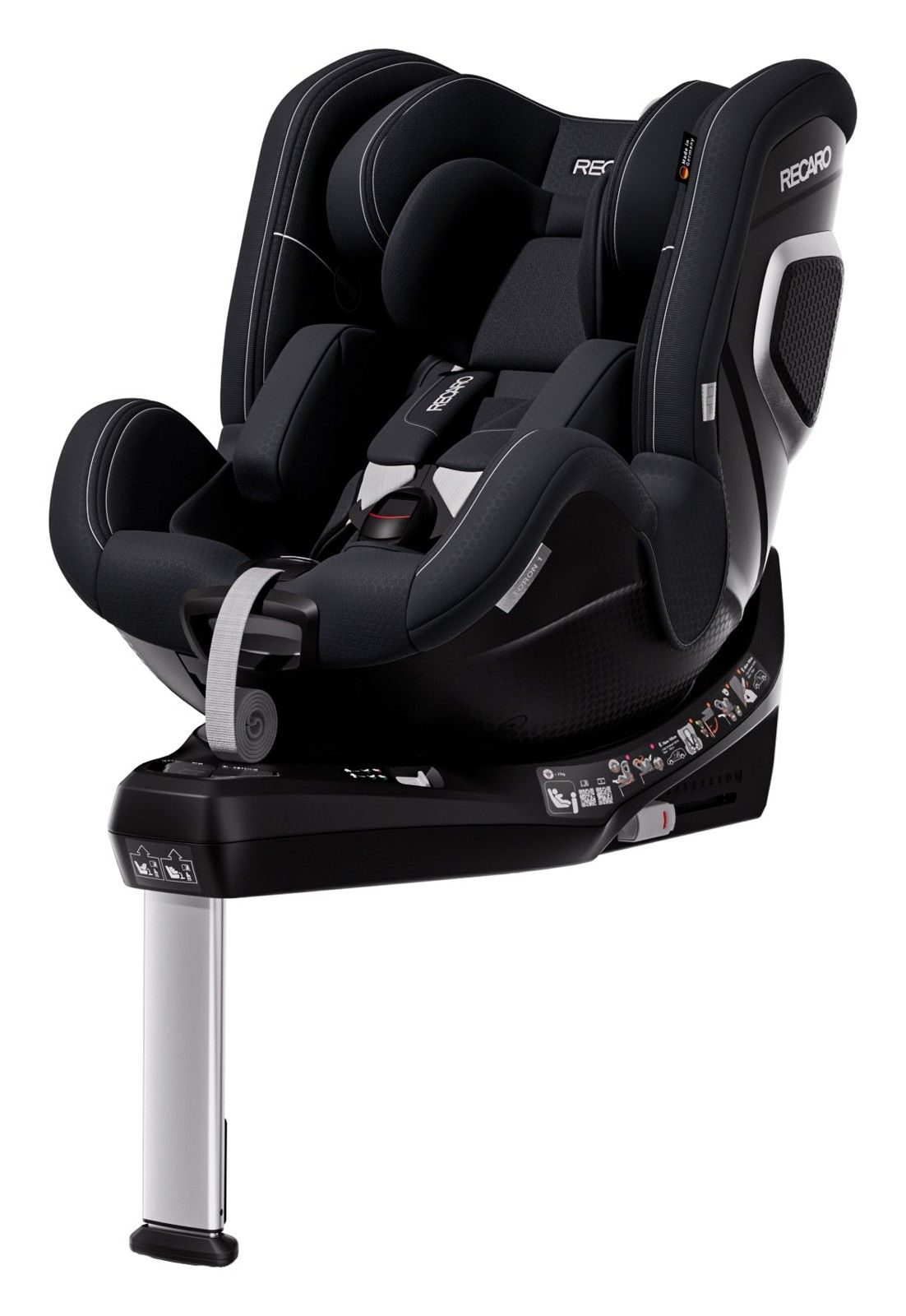Siège auto pivotant Recaro Toron 1, coloris noir, vu de trois quarts sur sa base à jambe de force