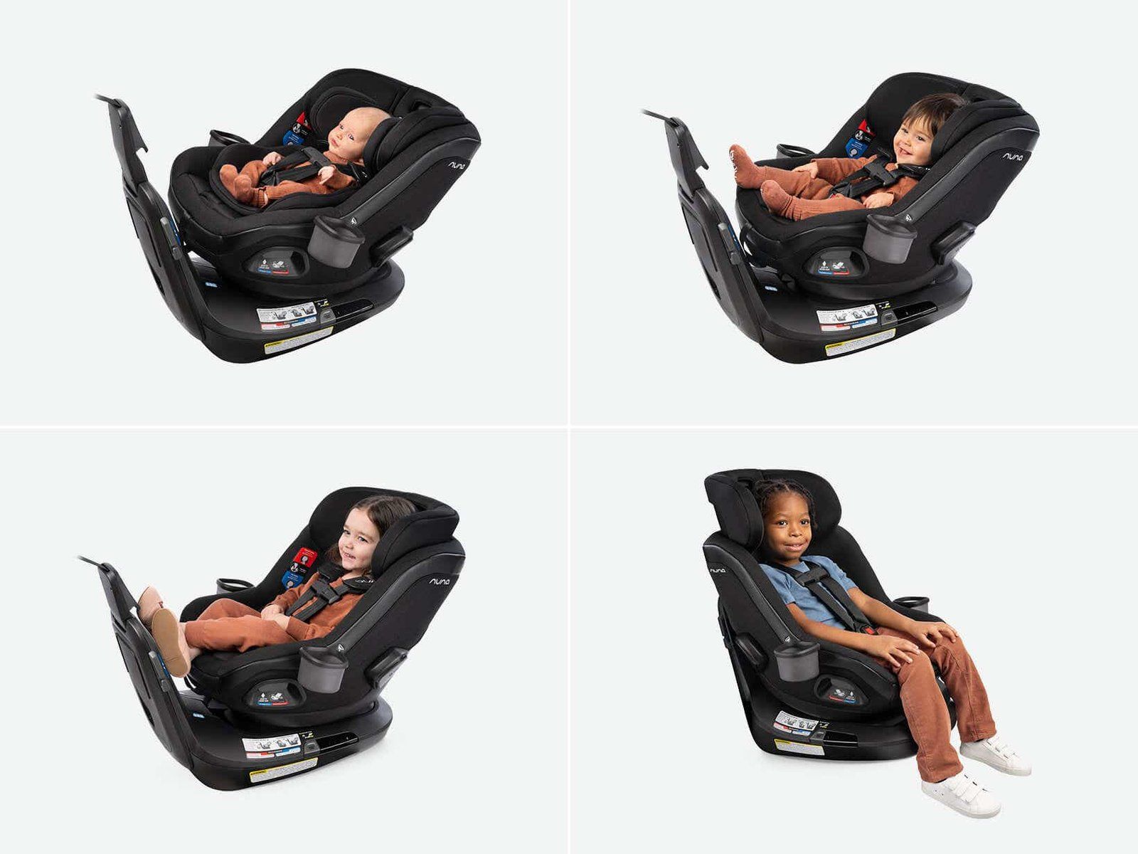 Quatre vues du siège auto pivotant Nuna Revv, dos à la route avec un bébé, puis tourné et allongé, puis face à la route avec un enfant plus grand