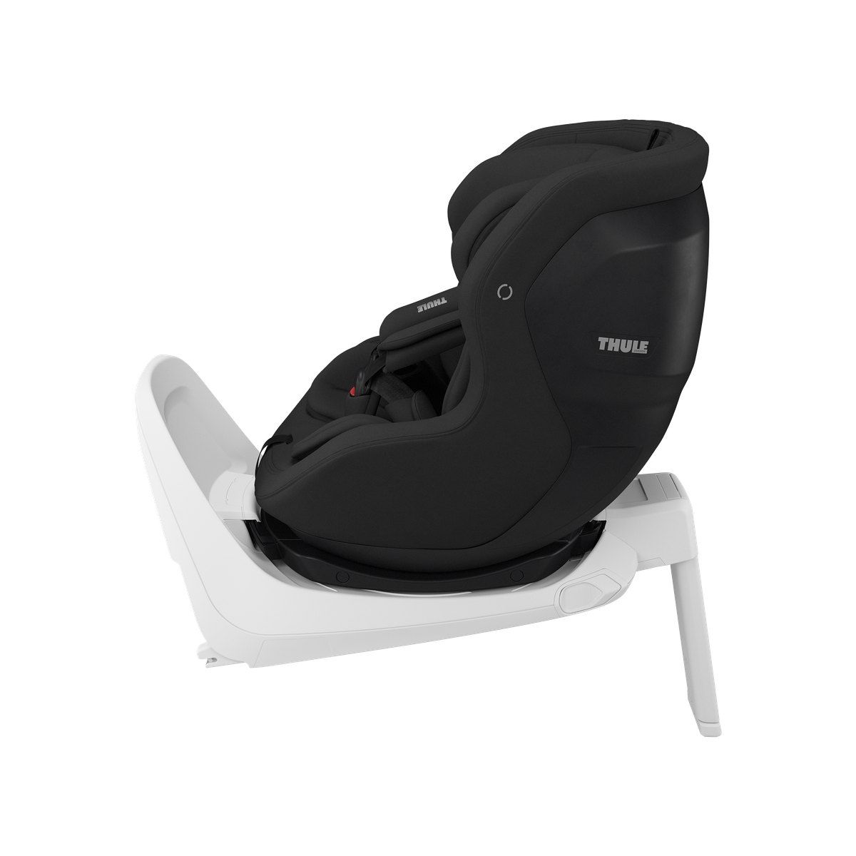 Le Thule Elm noir vu de profil, posé sur sa base, l'assise redressée